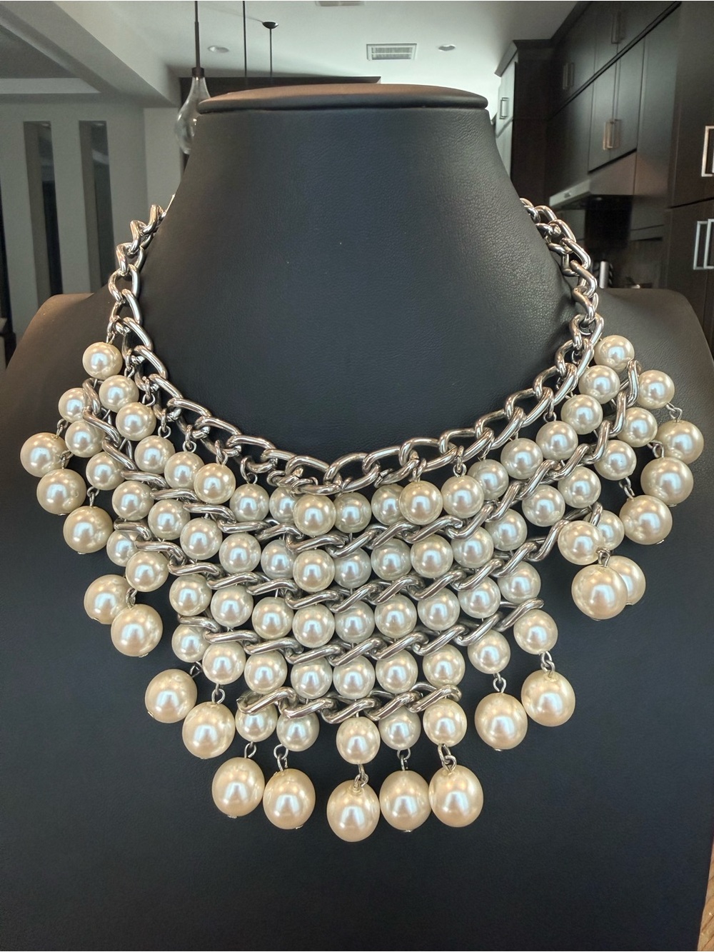 Statement Pearl Bib Cleopatra Style Necklace with Silver Tone Chain